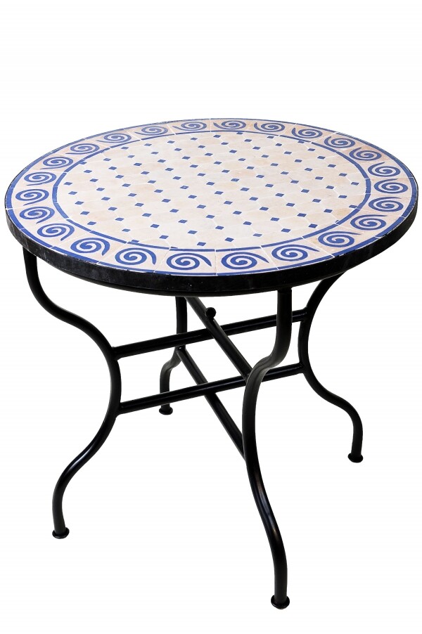 Moroccan Mosaic Table, Spiral, Beige and Blue, 80 cm | Handc