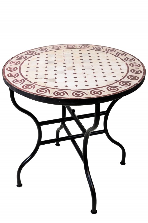 Moroccan Mosaic Table, "Spiral" Beige and Bordeaux
