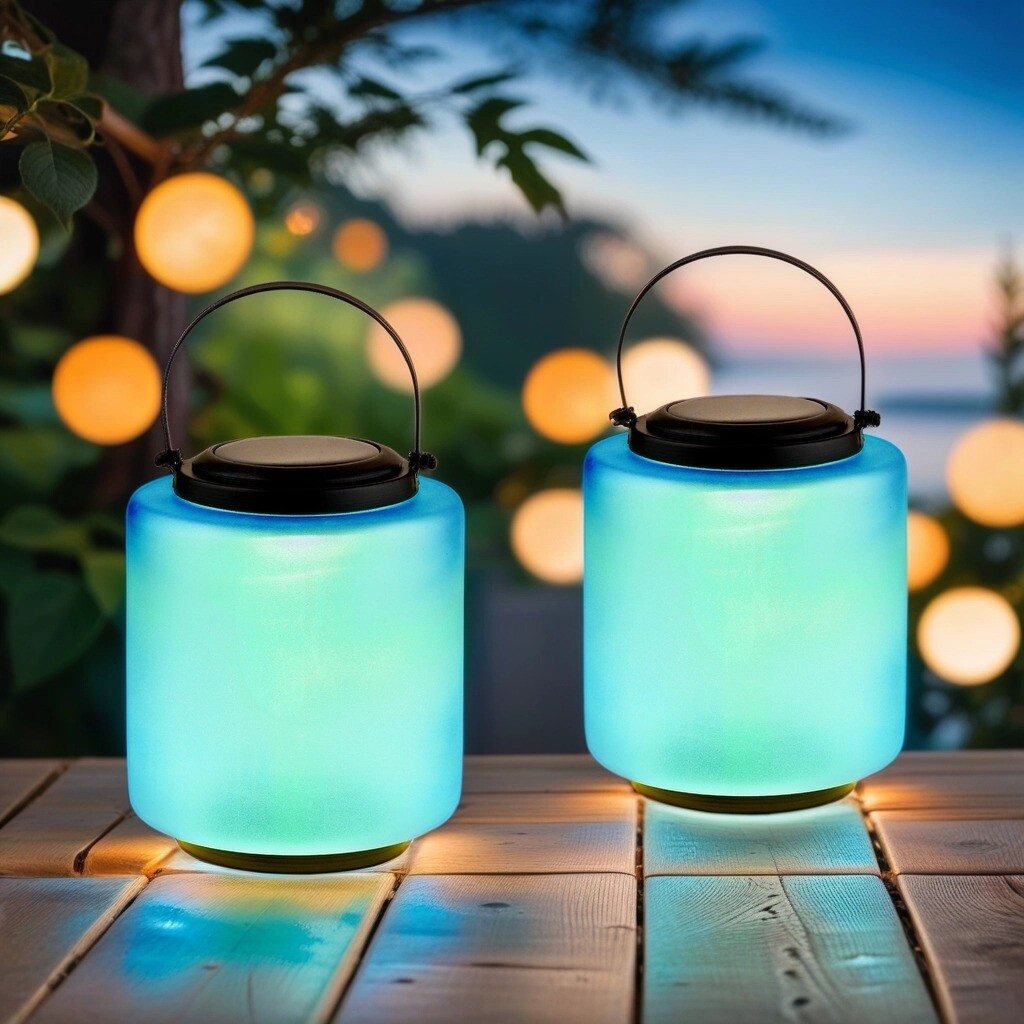 Set of 2 Modern Glass Solar Lanterns for Balcony and Garden 