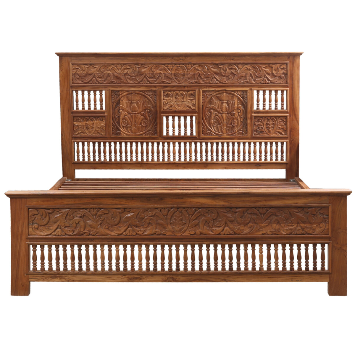 Vintage Double Bed Made of Solid Wood in Sand