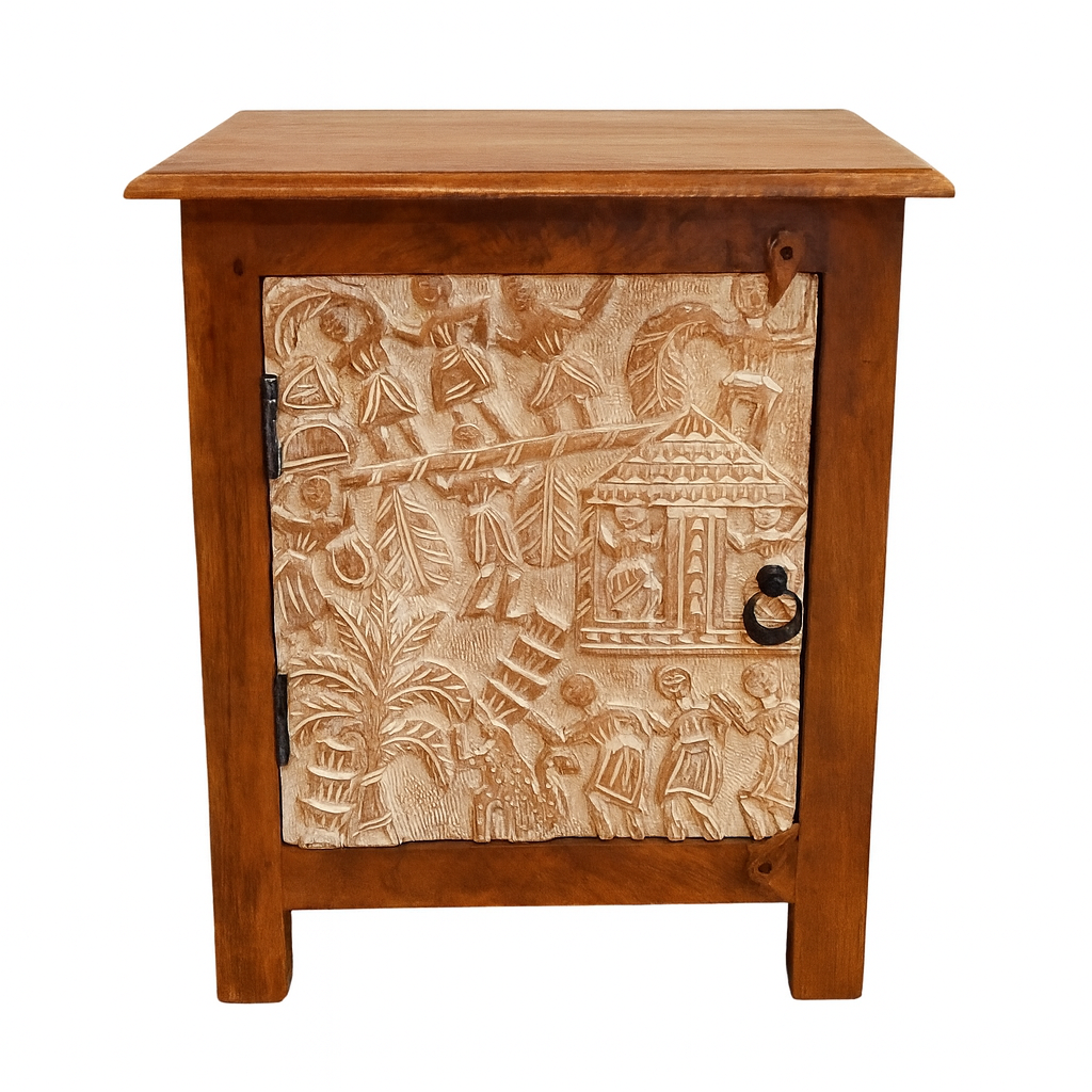 Faten 60cm Nightstand | Solid wood with a carved door in boh