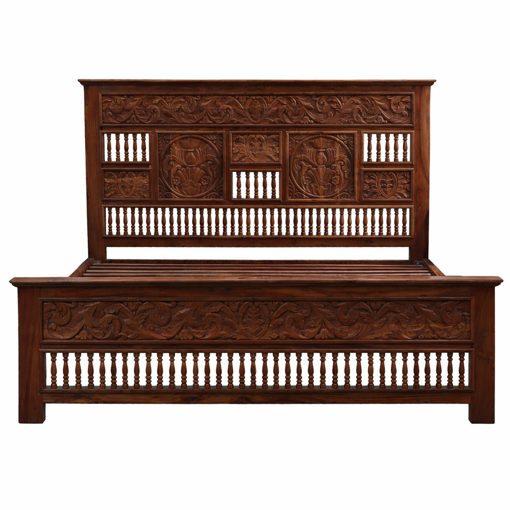 Oriental-style Double Bed, Solid Wood, Sand Dark Brown
