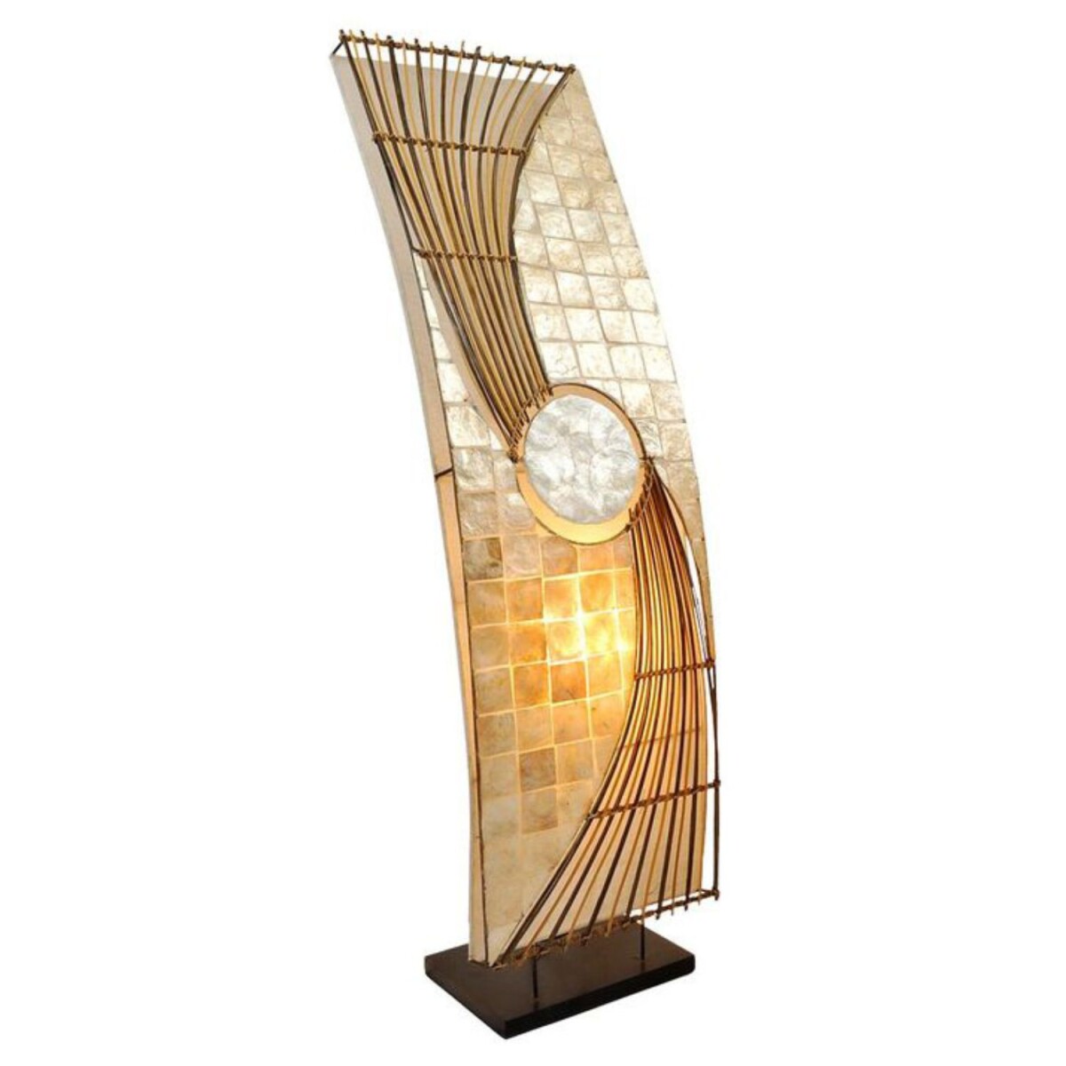 Quento 90cm Floor Lamp: Elegant Capiz Rattan Disc Lamp