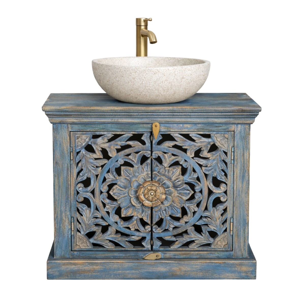 Kirpal Blue Oriental Solid Wood Vanity Cabinet, 66 cm