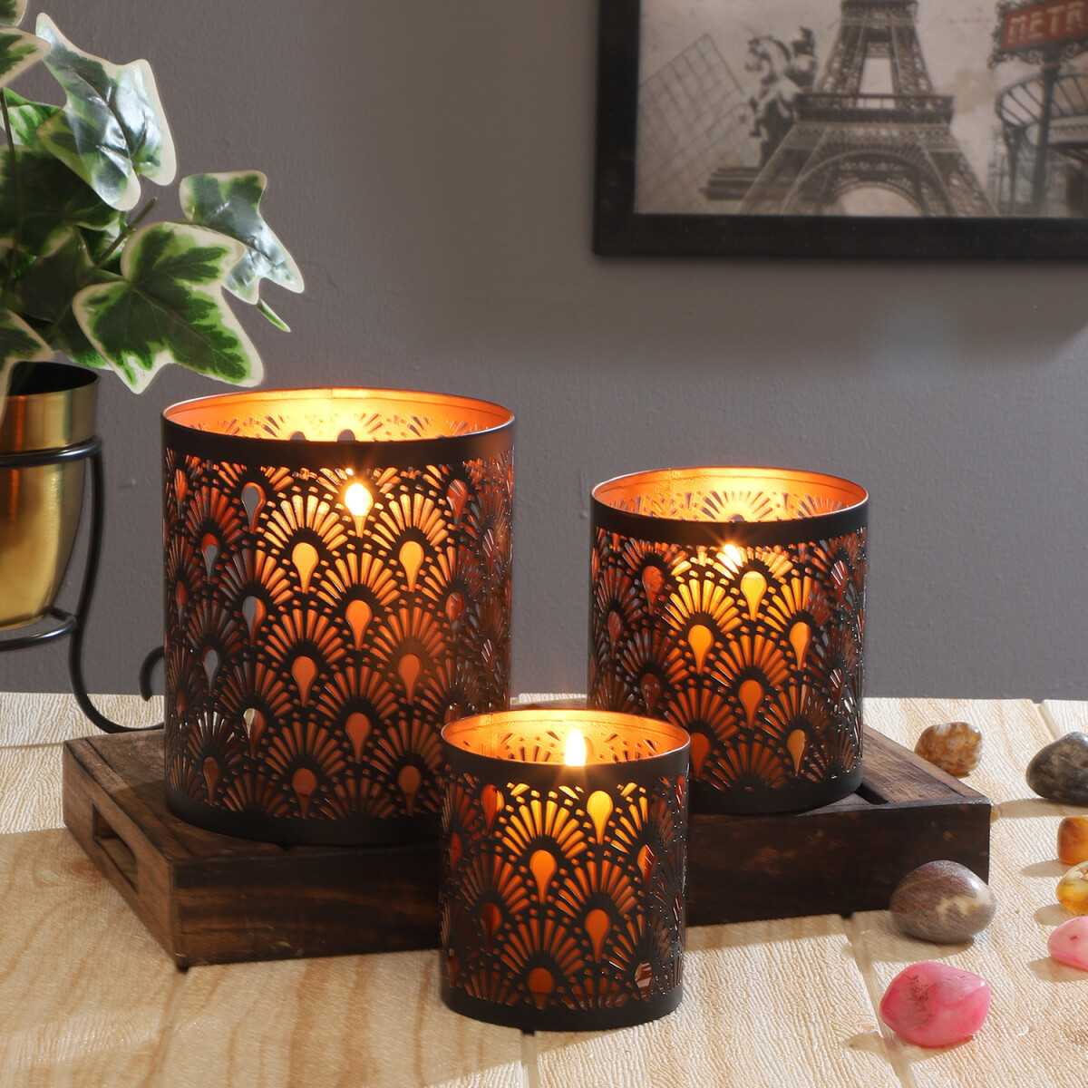 Set of 3 Zalia Black Oriental Tealight H box