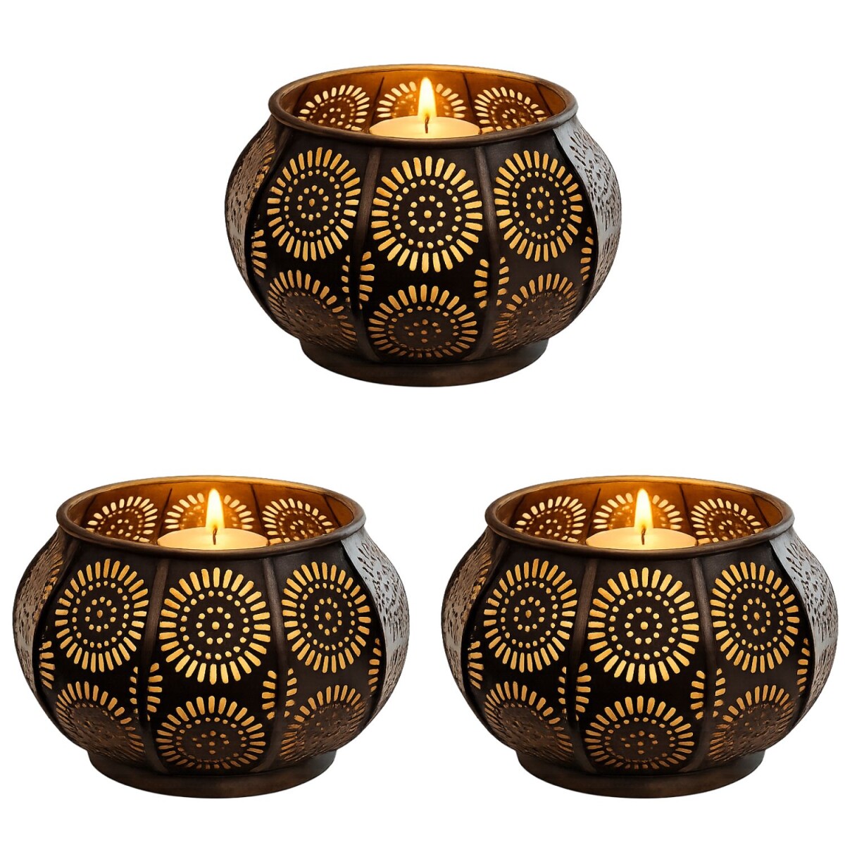 Sabah Oriental Tealight Holder, Set of 3, Metal Boho Lantern