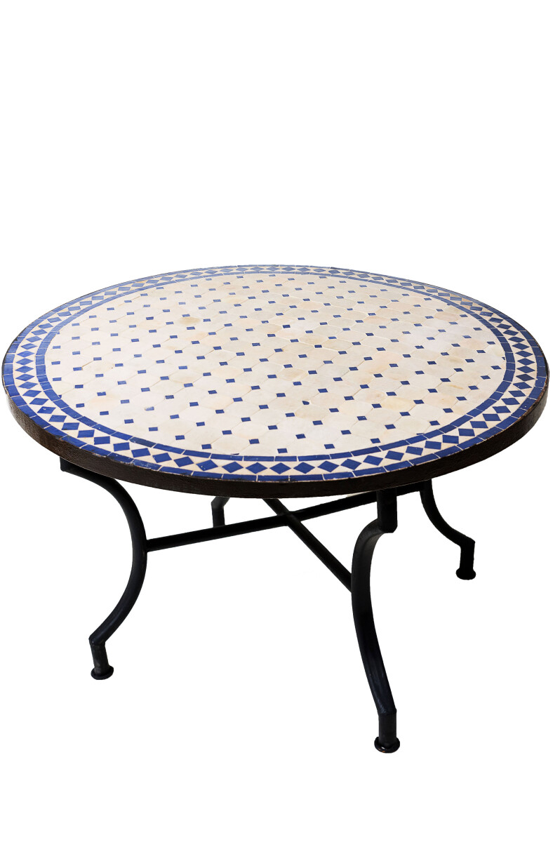 Moroccan Mosaic Table, Marrakech, Beige and Blue, 100 cm dia