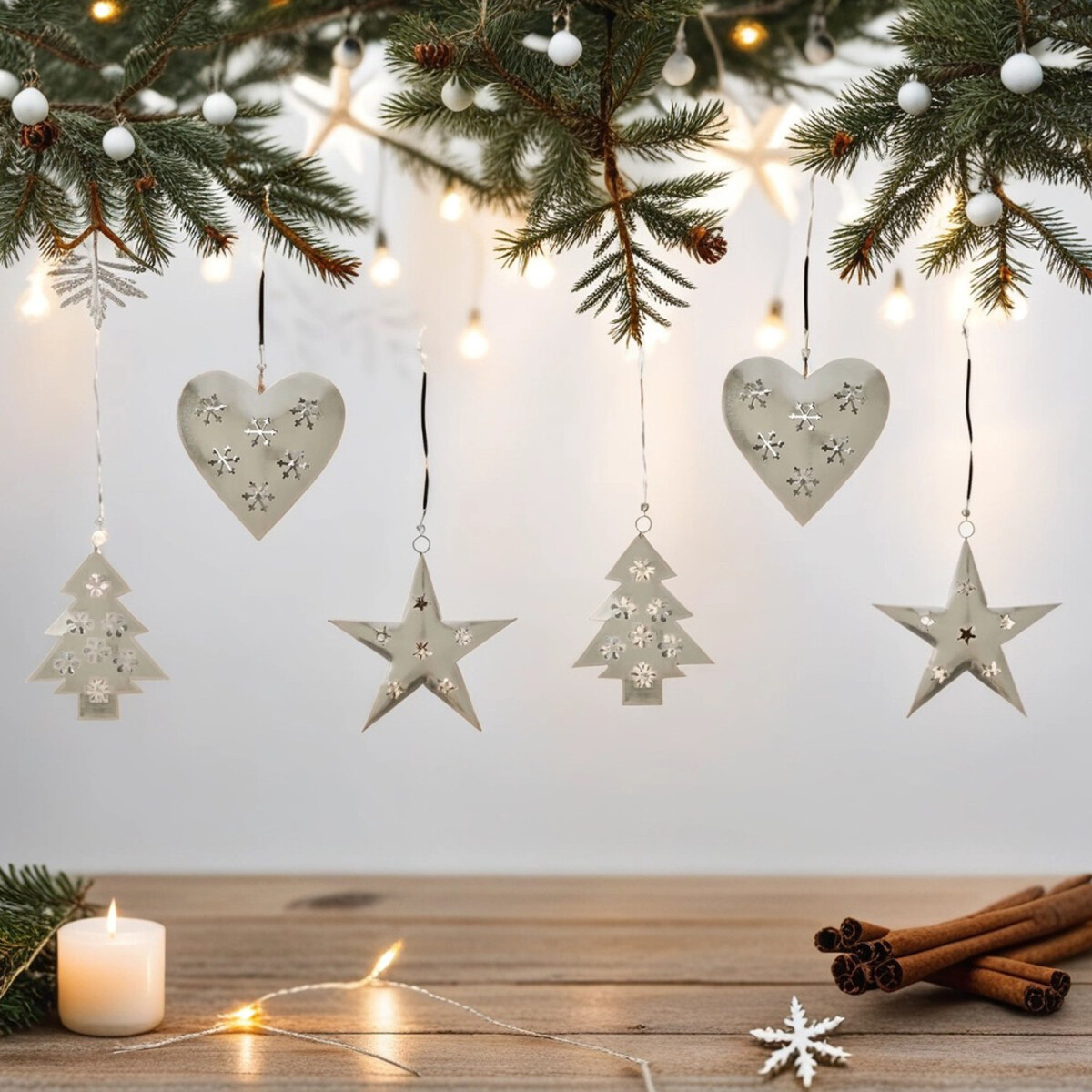 Set of 6 Christmas Ornaments, Silver Chr box