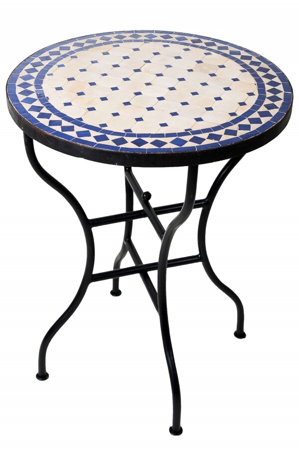 Moroccan Mosaic Table, Marrakech Beige-Blue, Ø 60 cm 