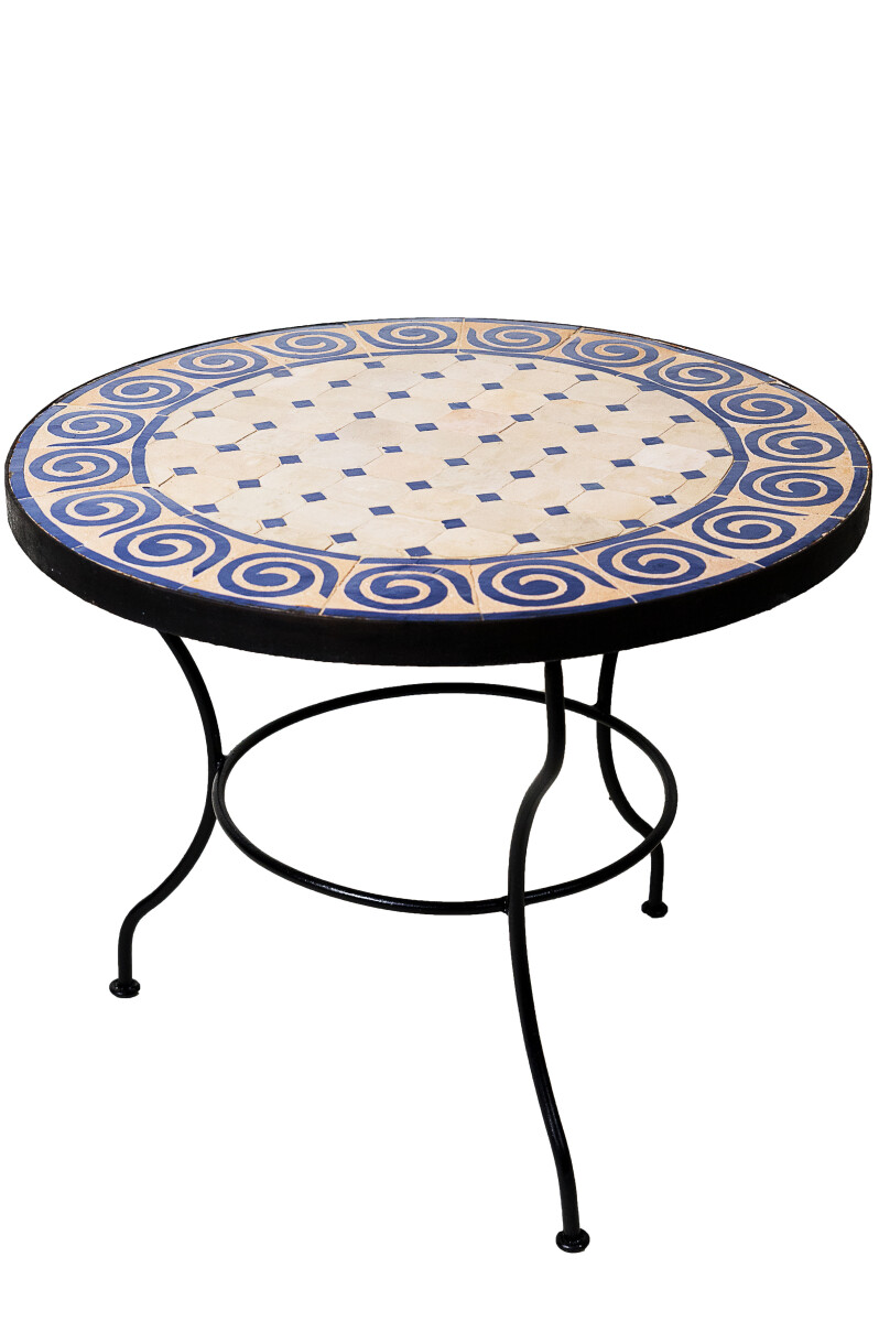 Moroccan Mosaic Table, Spiral, Beige and Blue, 60 cm, 45 cm 